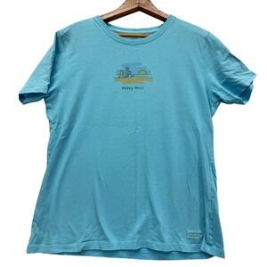 Life is Good T-Shirt Women Small Blue "Happy Hour" Graphic Sunset Relaxed Tee